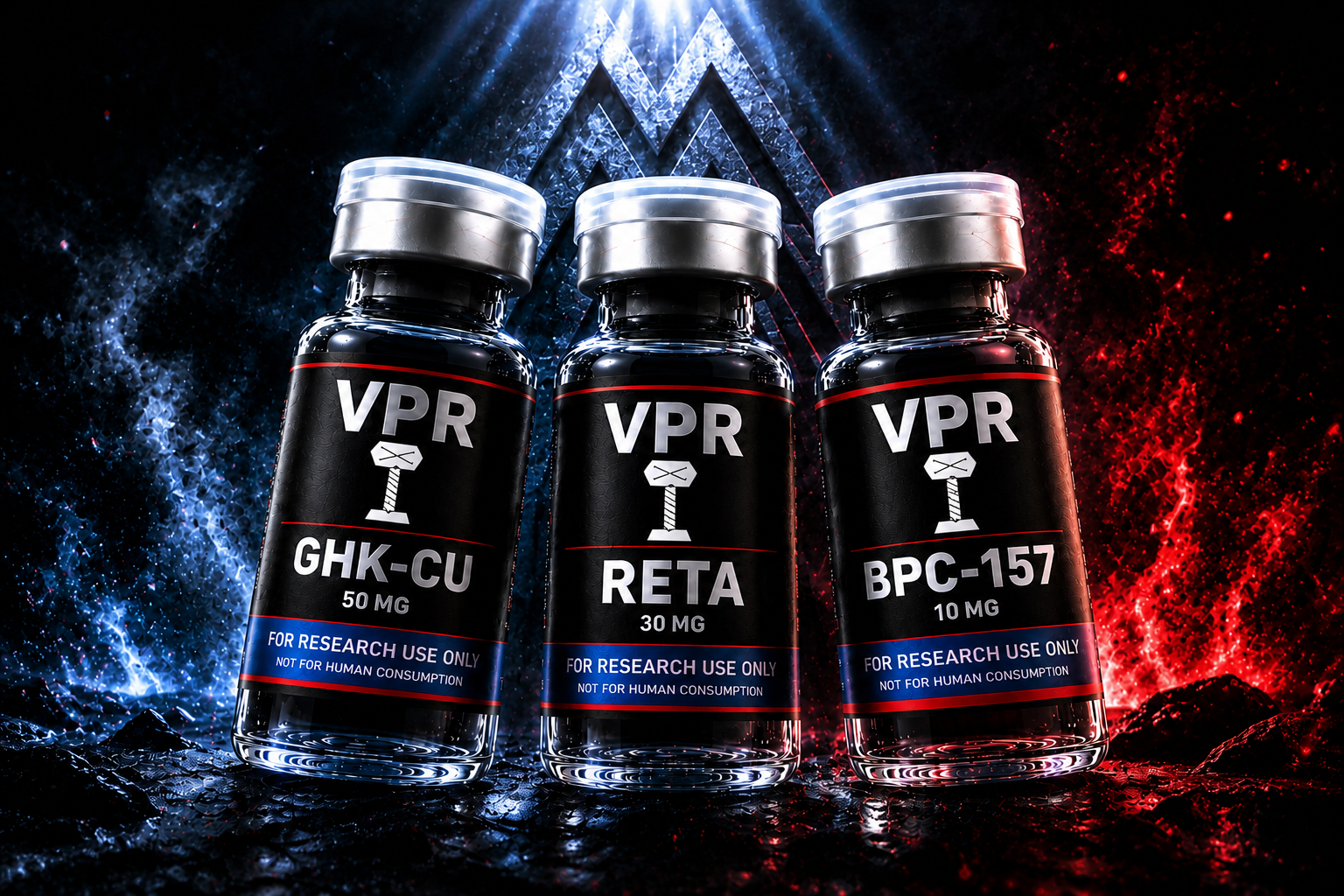 VPR research product vials: GHK-Cu 50 mg, Reta 30 mg, and BPC-157 10 mg